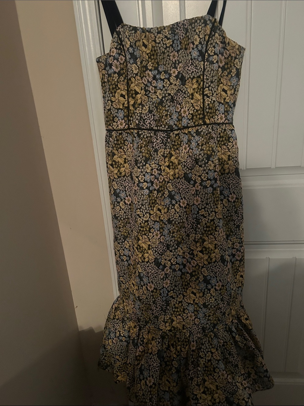 Elliatt Black Floral Print Midi Dress with Yellow and Blue Accents